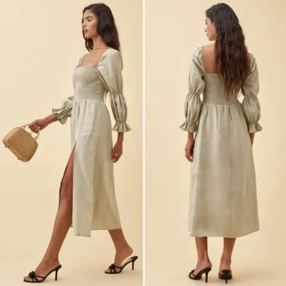 Reformation Hyland Linen Long Sleeve Midi Dress in Dried Herbs Sage Green